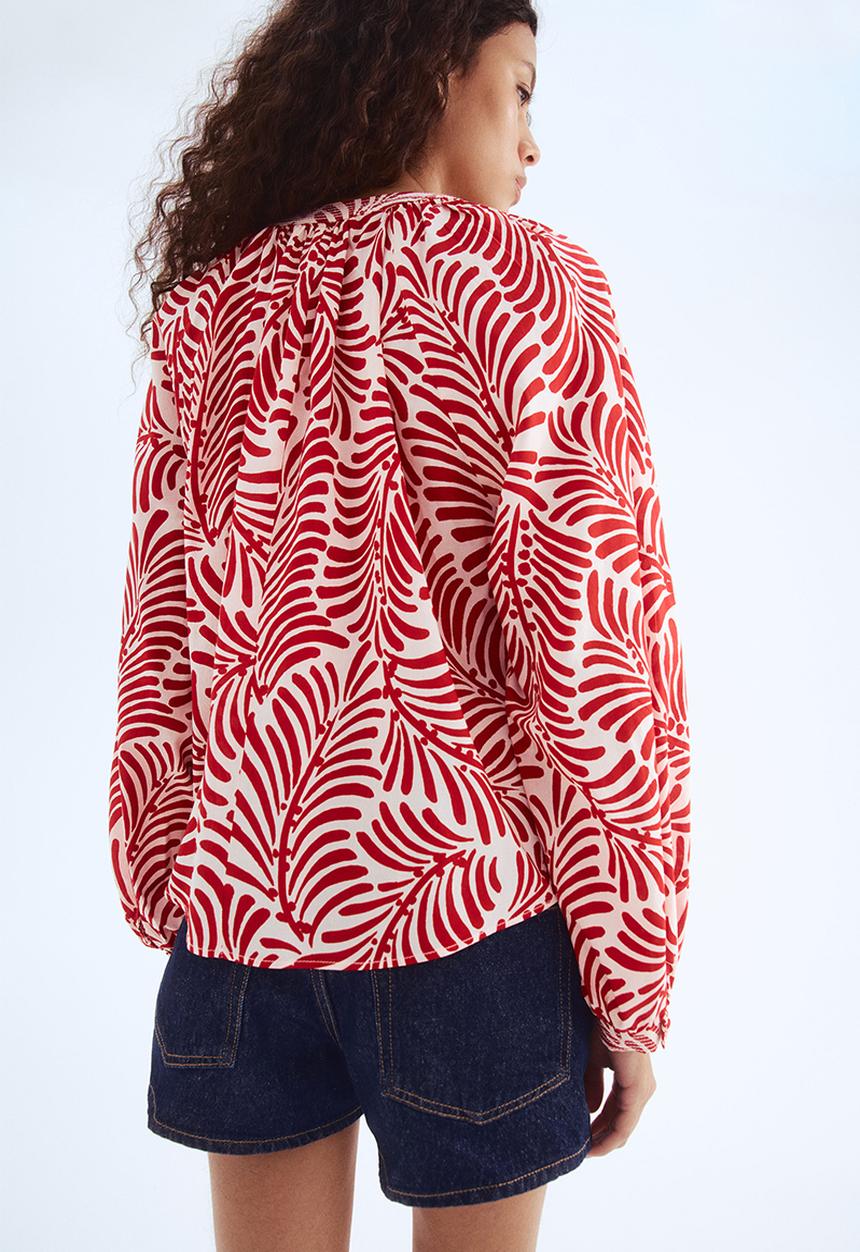 H&M - Band-collar blouse - white/red patterned 