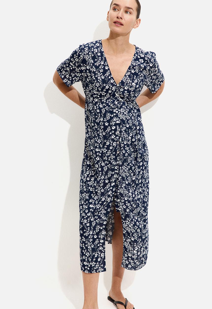 H&M - Mama before & after tie-belt dress - navy blue floral