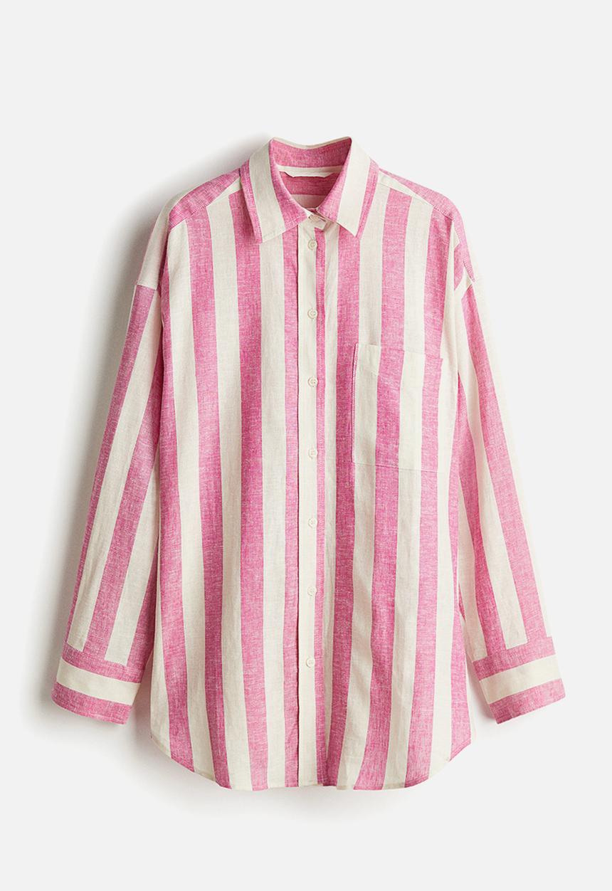 H&M - Oversized linen-blend shirt -pink/striped 