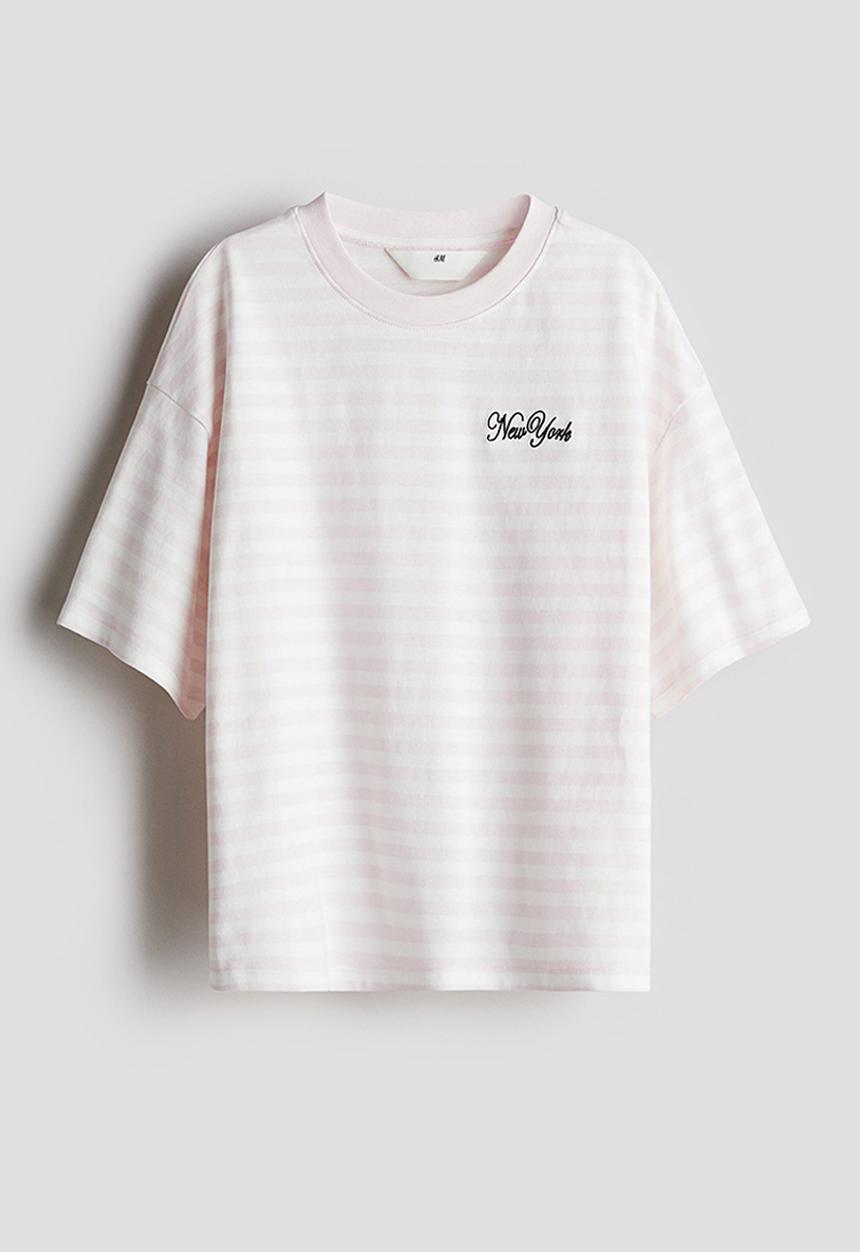 H&M - Oversized cotton T-shirt - ight pink/striped 