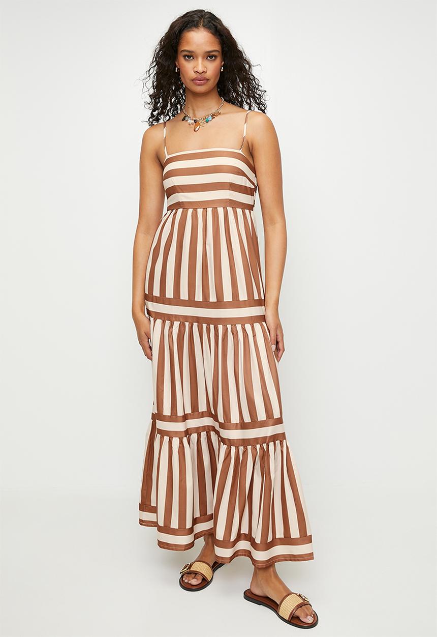 MILLA - Brown stripe tiered maxi dress - Brown Stripe