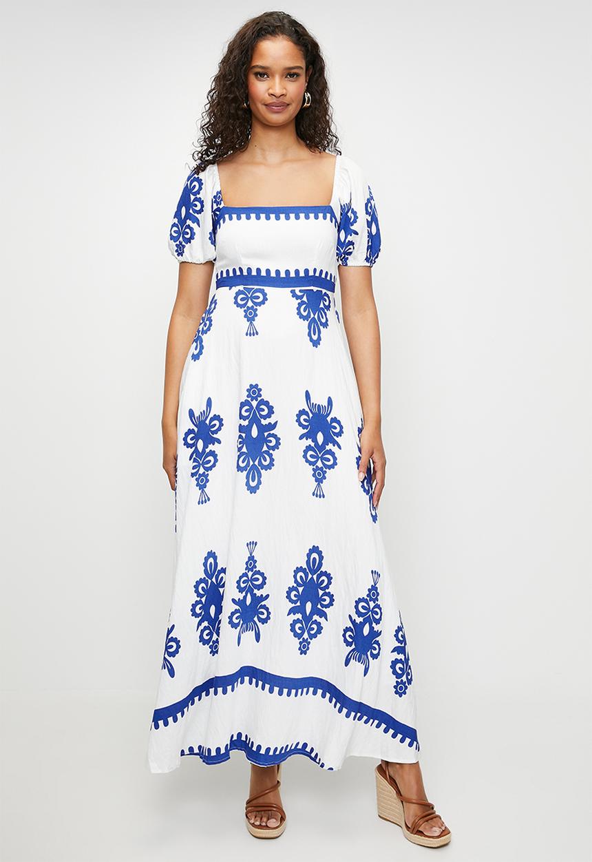princess polly baby blue dress Blue Floral Paisley Maxi Dress With Belt main image 0
