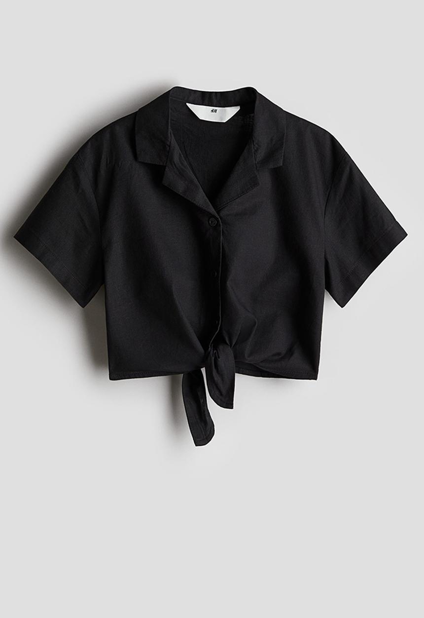 H&M - Cropped knot-detail shirt - black