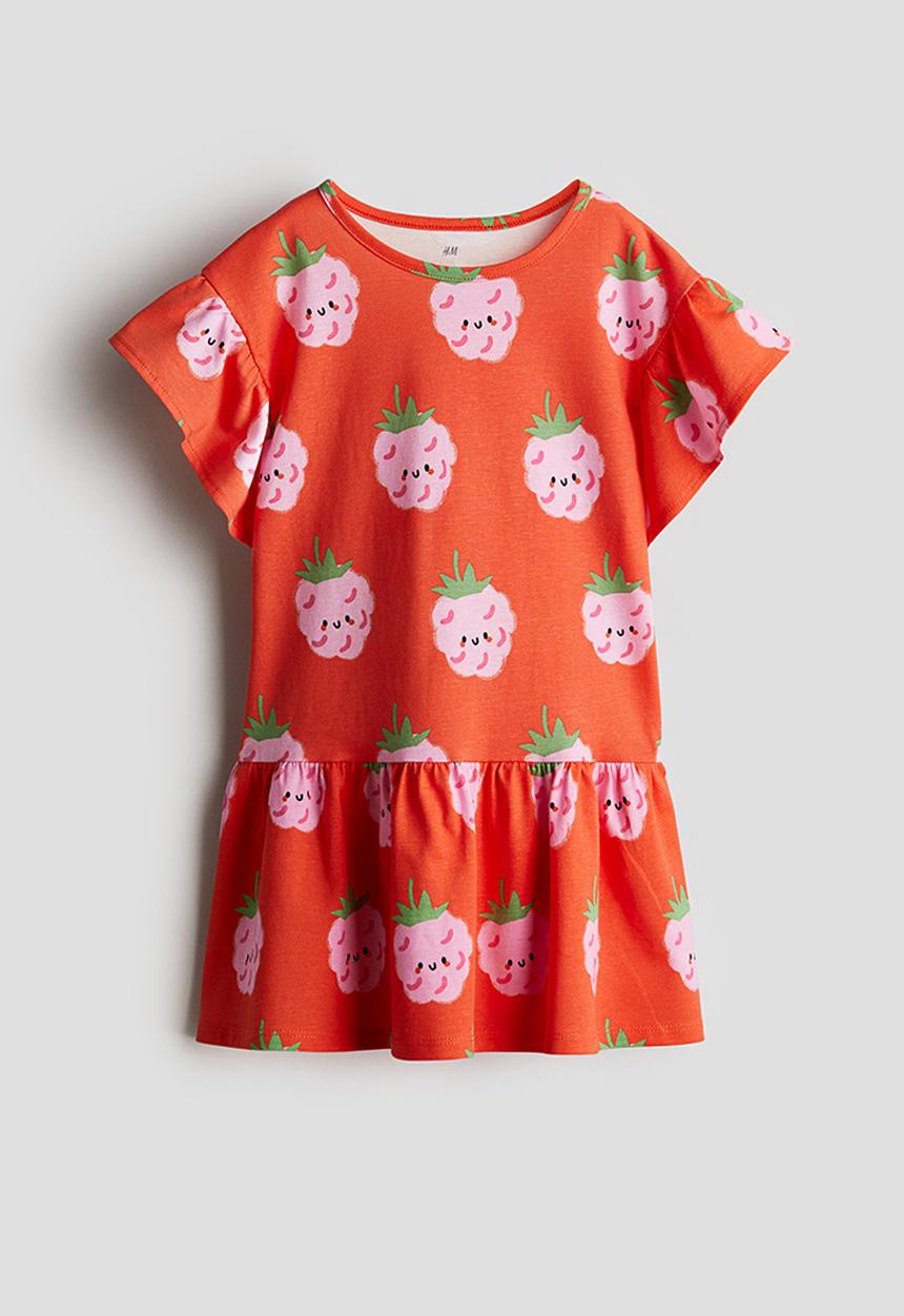 H&M - Flutter-sleeved cotton dress - bright red/raspberries