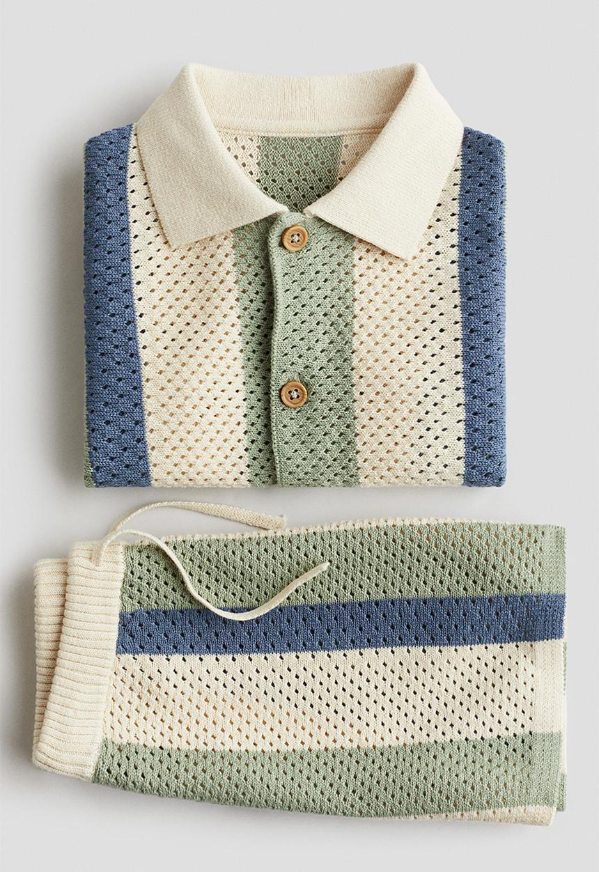 H&M - 2-piece mesh-knit set - dusty green/striped