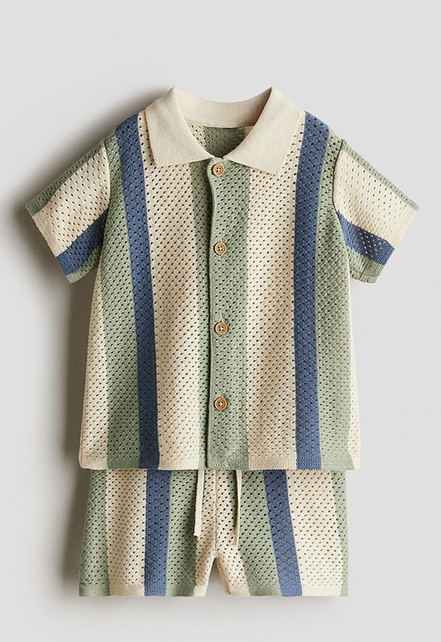 H&M - 2-piece mesh-knit set - dusty green/striped