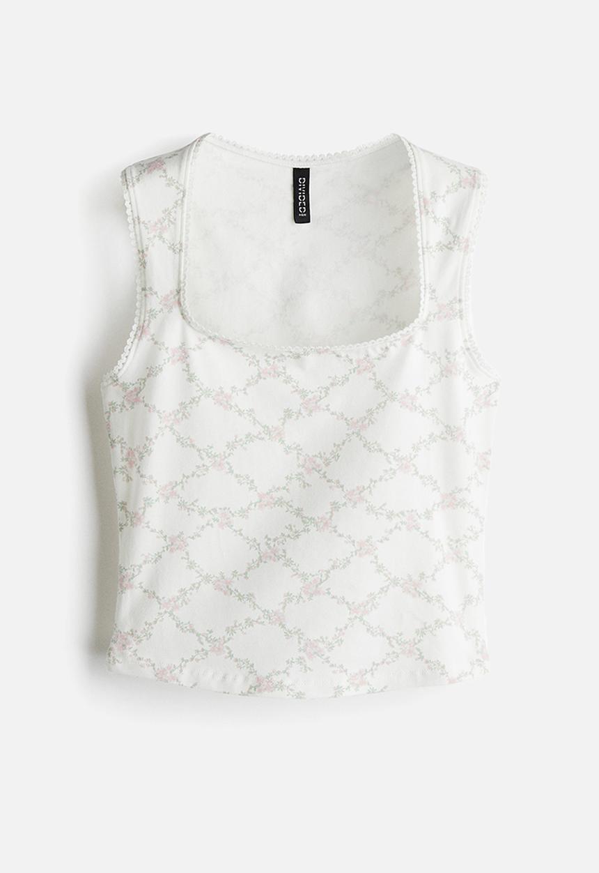H&M - Picot-trimmed vest top - white/floral 