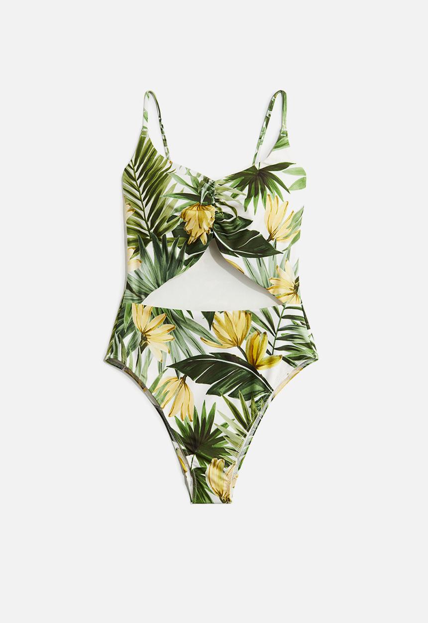 H&M - Padded-cup high-leg swimsuit - green patterned 