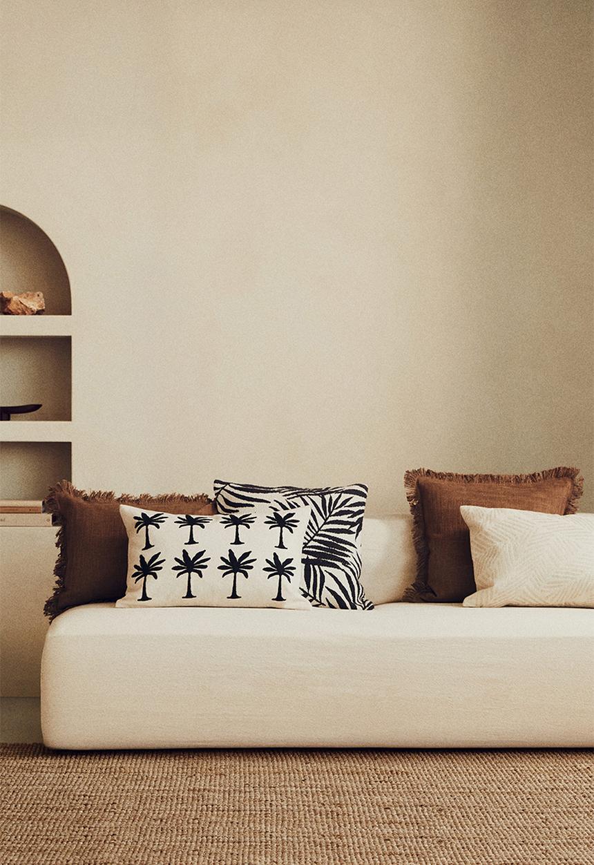 H&M - Embroidered cushion cover - dark grey/palm trees 
