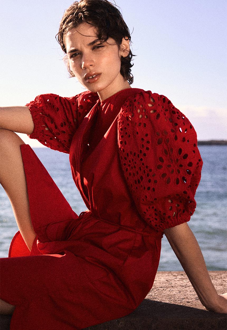 H&M - Broderie anglaise-sleeved dress - red