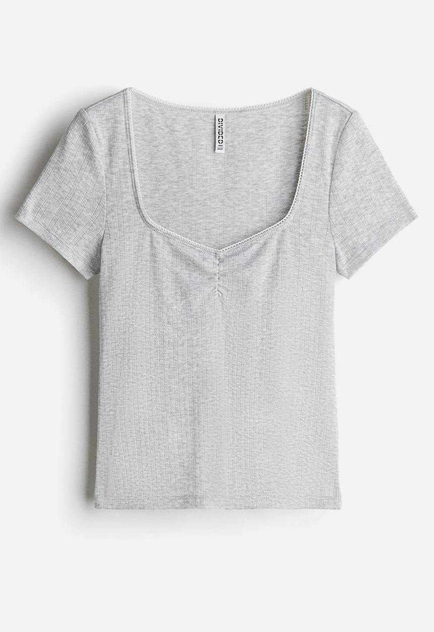 H&M - Picot-trimmed T-shirt - light grey marl 
