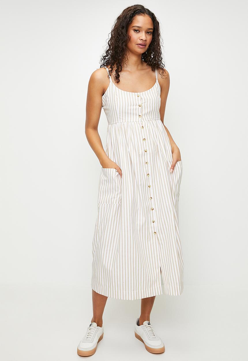 Brave Soul - Ladies Strappy Button Down Stripe Midi Dress - Stone/White