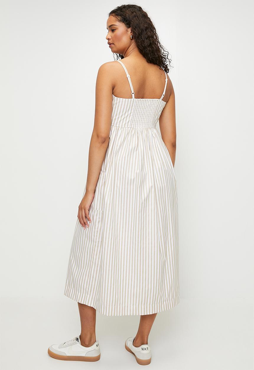 Brave Soul - Ladies Strappy Button Down Stripe Midi Dress - Stone/White