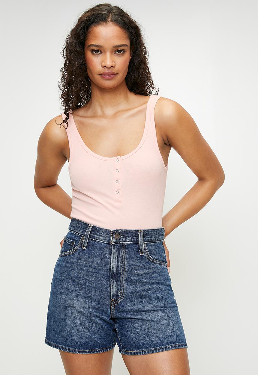 Brave Soul - Ladies Vest Scoop Neck Rib Bodysuit With Placket - Light Pink