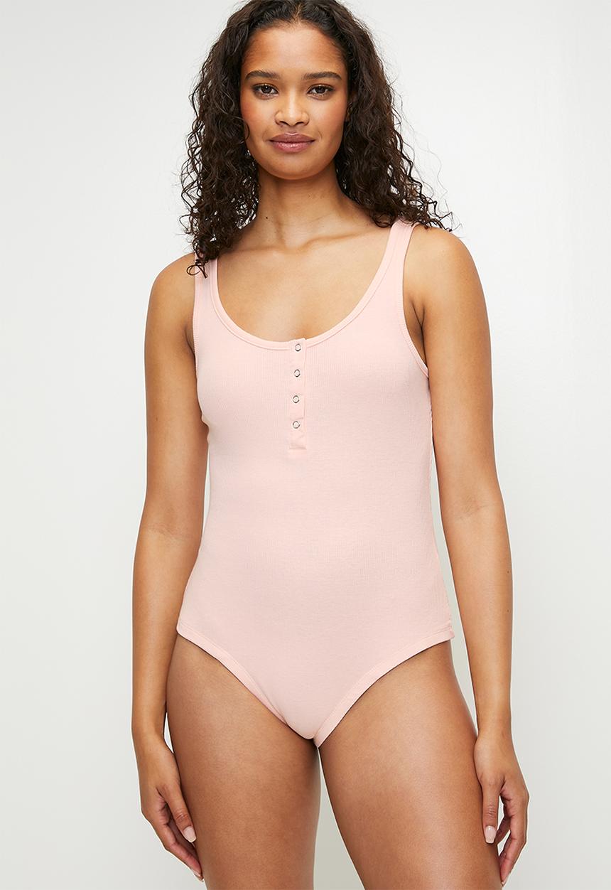 Brave Soul - Ladies Vest Scoop Neck Rib Bodysuit With Placket - Light Pink