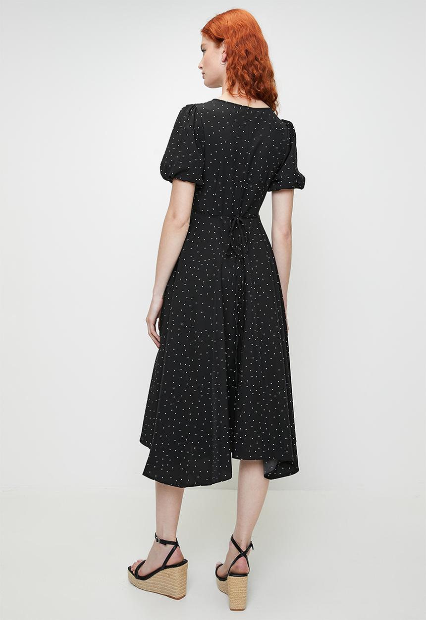 Brave Soul - V-Front Wrap Midi Dress - Black/White Spot