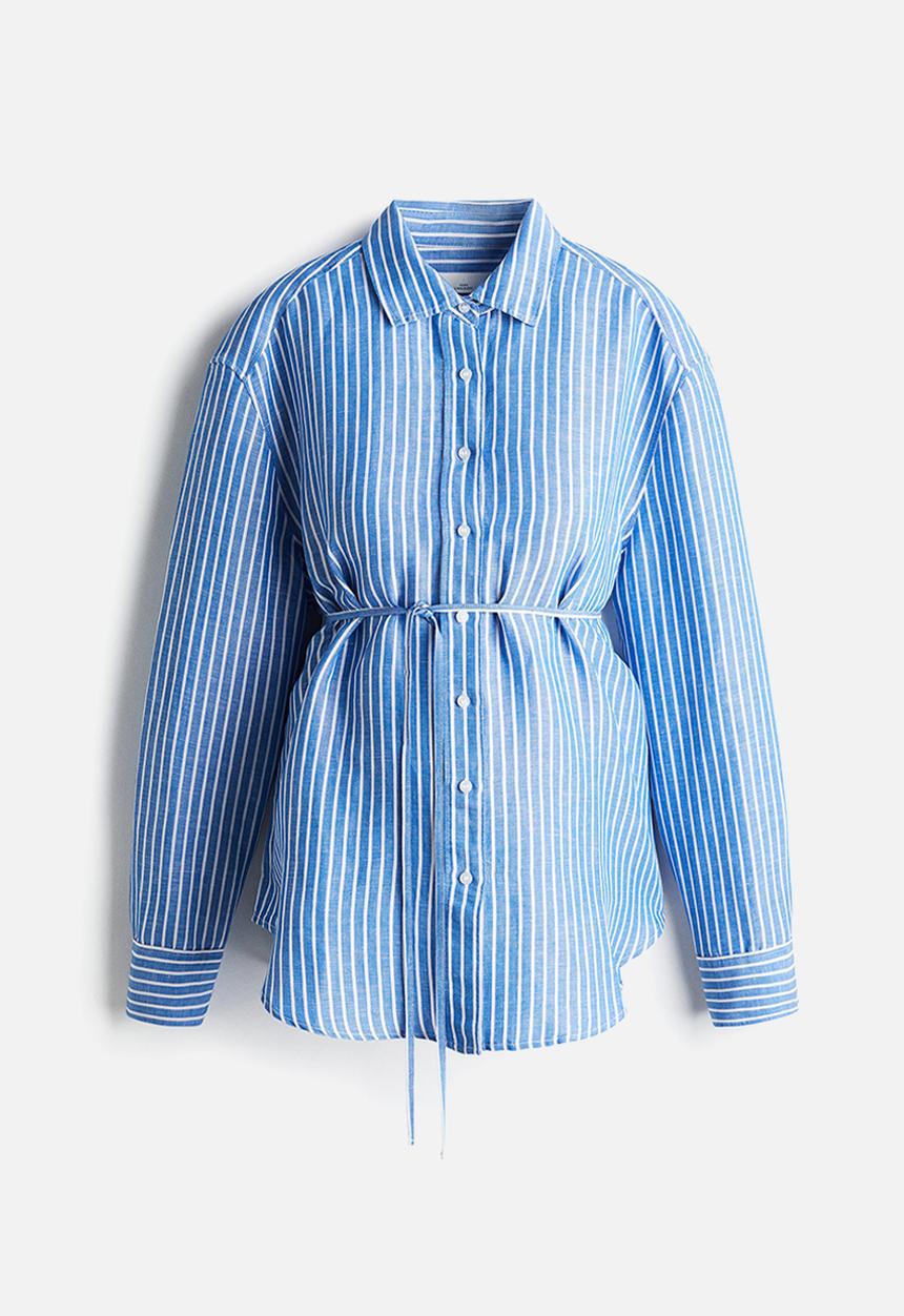 H&M - Mama before & after linen-blend shirt - blue & white striped