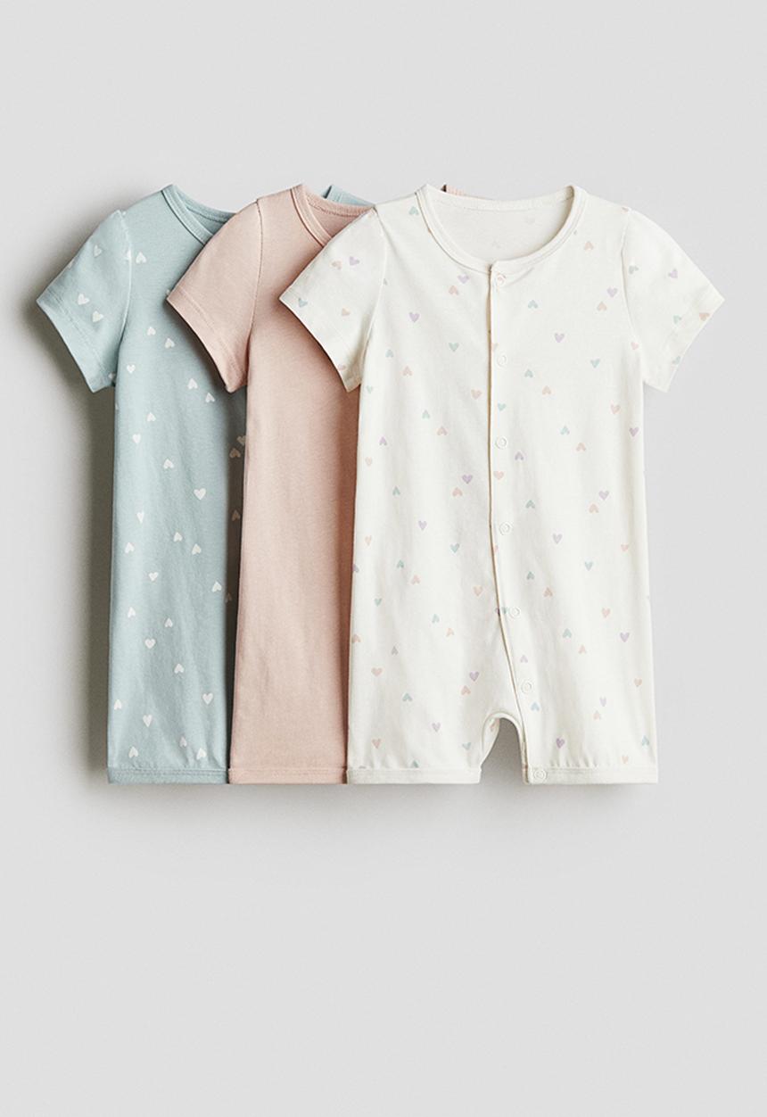 H&M - 3-Pack cotton sleepsuits - turquoise/hearts