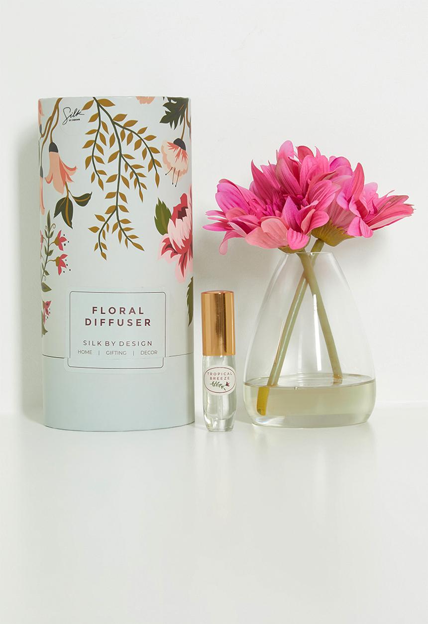 Silk By Design - 2 Fuchsia Gerberas & Tropical Breeze Diffuser Gift Set - pink