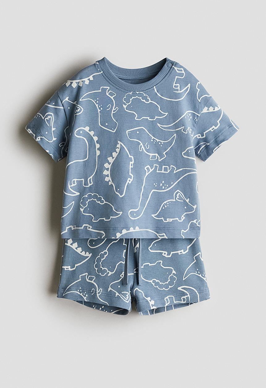 H&M - 2-Piece cotton set - dusty blue dinosaurs 