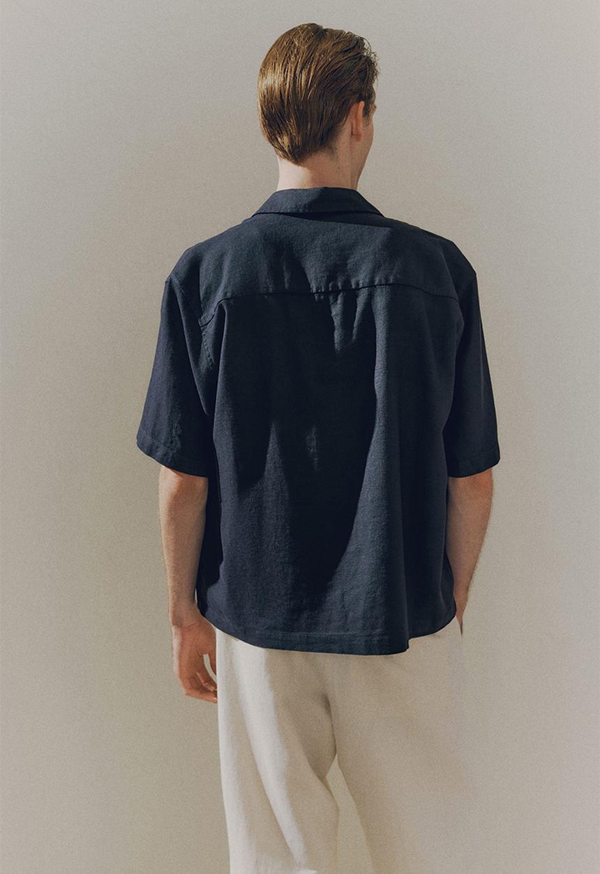 H&M - Loose fit short-sleeved linen-blend shirt - navy blue