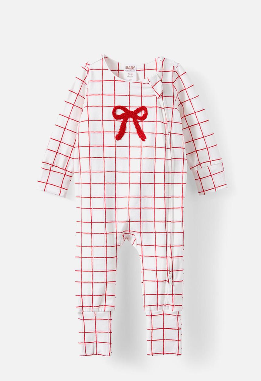Cotton On - The long sleeve zip romper - vanilla/varsity red bow check