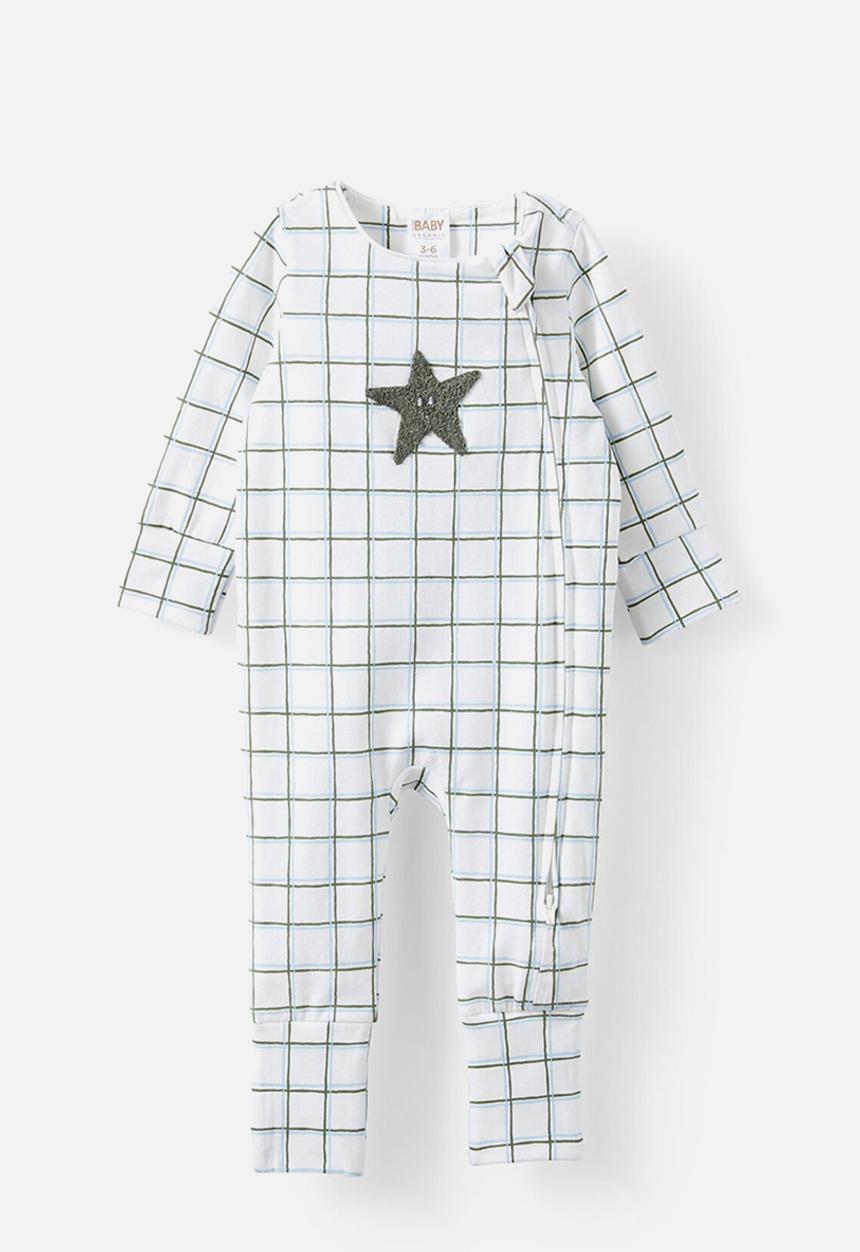 Cotton On - The long sleeve zip romper - vanilla/swag green/star check