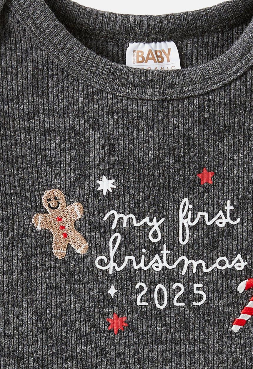 Cotton On - Organic Pointelle Long Sleeve Bubbysuit - Charcoal Marle/My First Christmas 2025