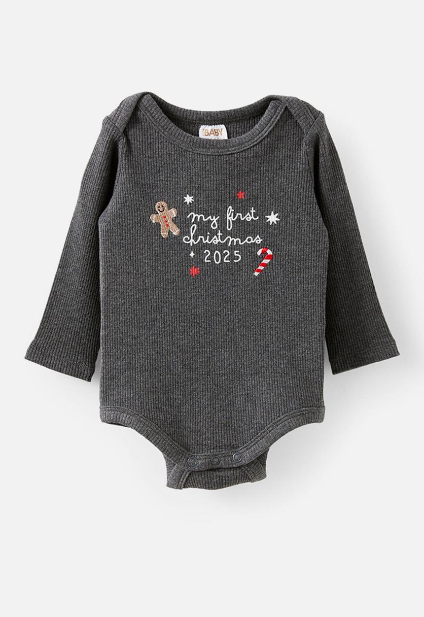 Cotton On - Organic Pointelle Long Sleeve Bubbysuit - Charcoal Marle/My First Christmas 2025