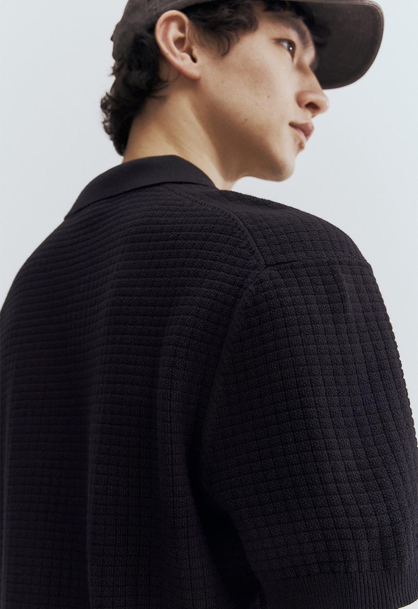 H&M - Regular fit textured-knit polo shirt - navy blue 