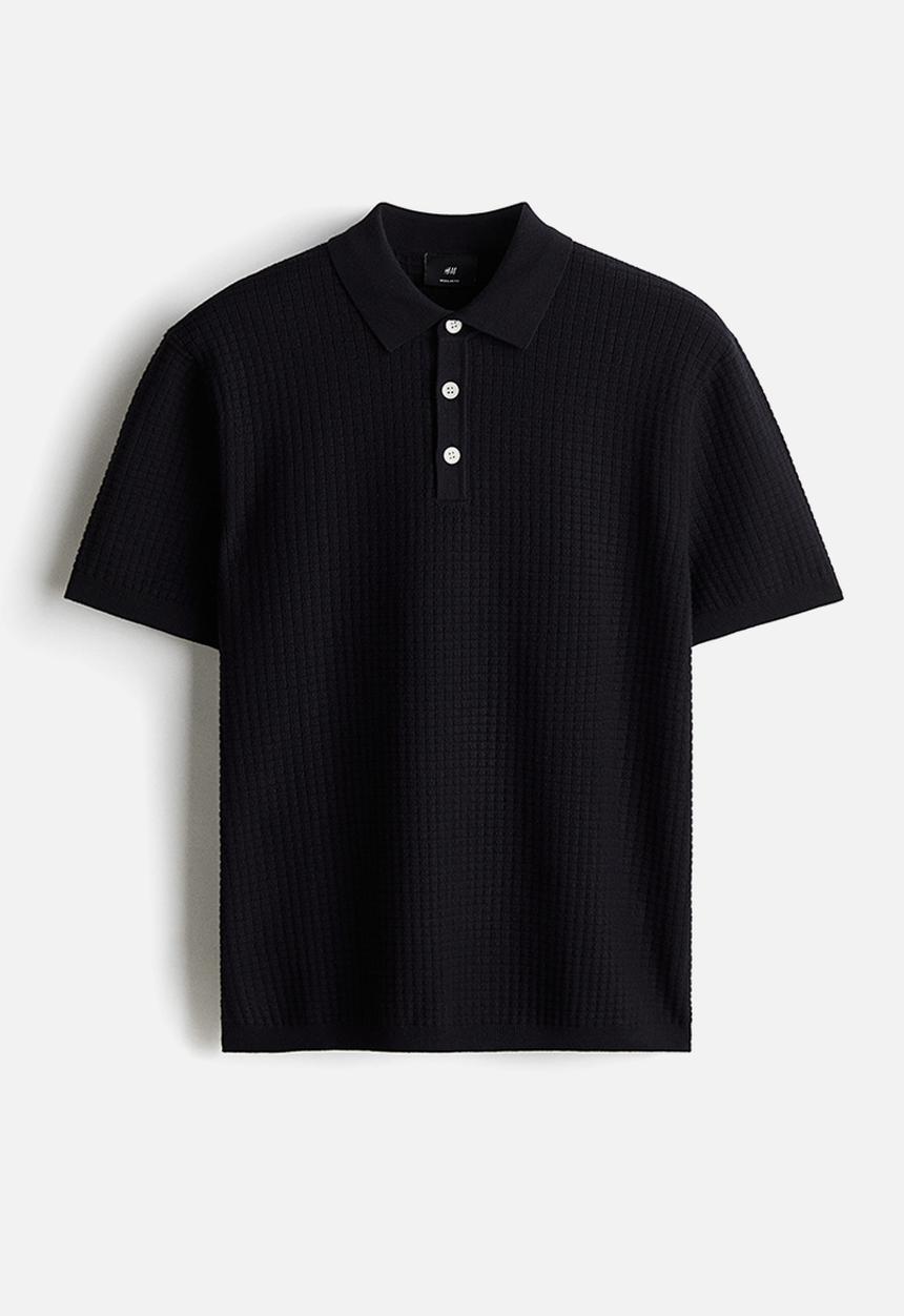 H&M - Regular fit textured-knit polo shirt - navy blue 