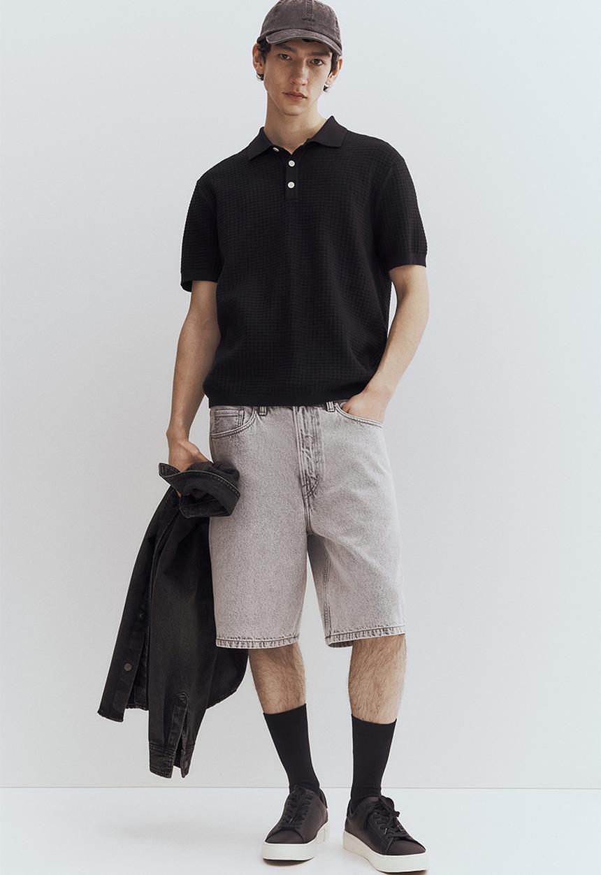 H&M - Regular fit textured-knit polo shirt - navy blue 