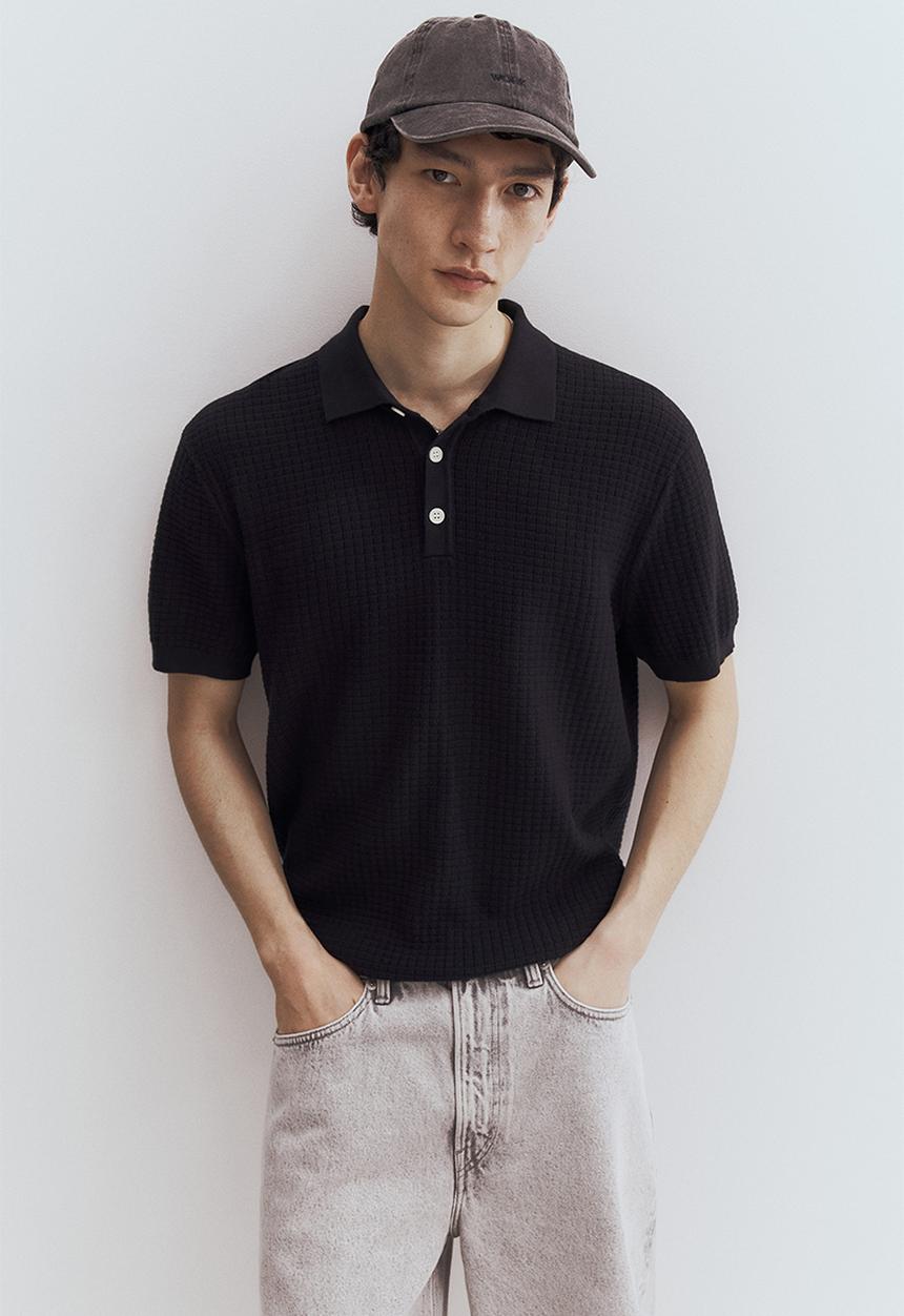 H&M - Regular fit textured-knit polo shirt - navy blue 