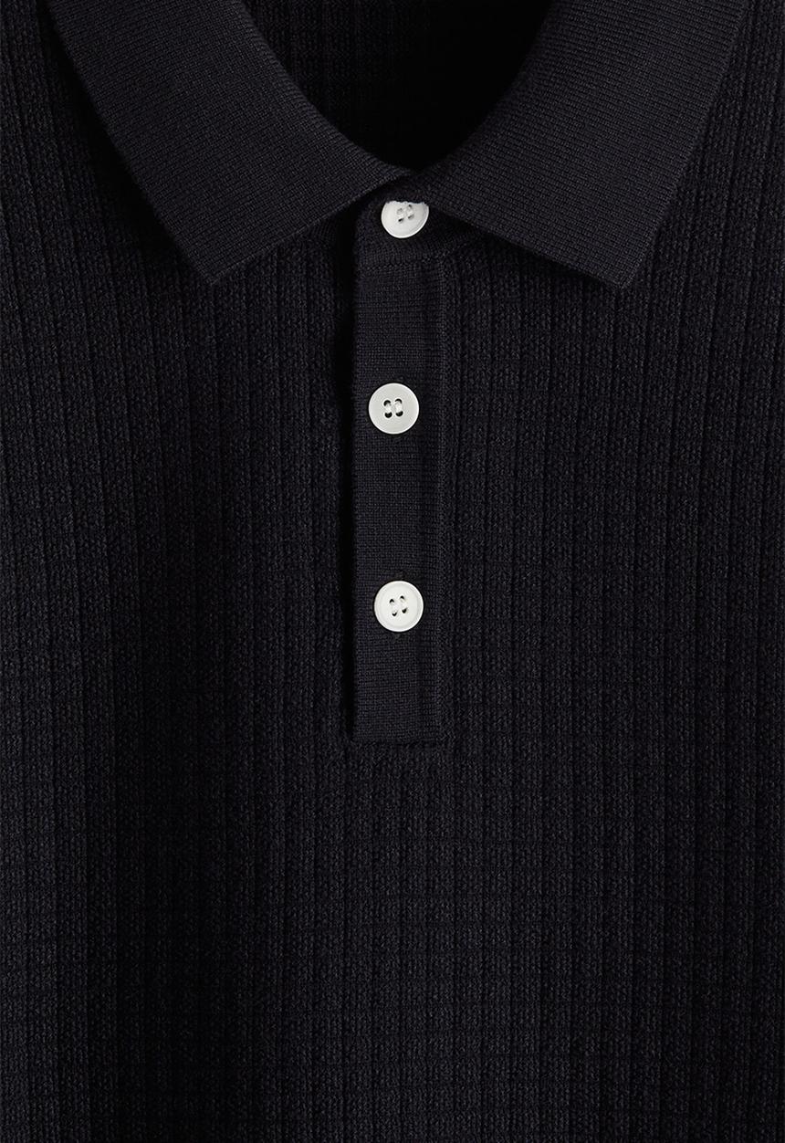 H&M - Regular fit textured-knit polo shirt - navy blue 