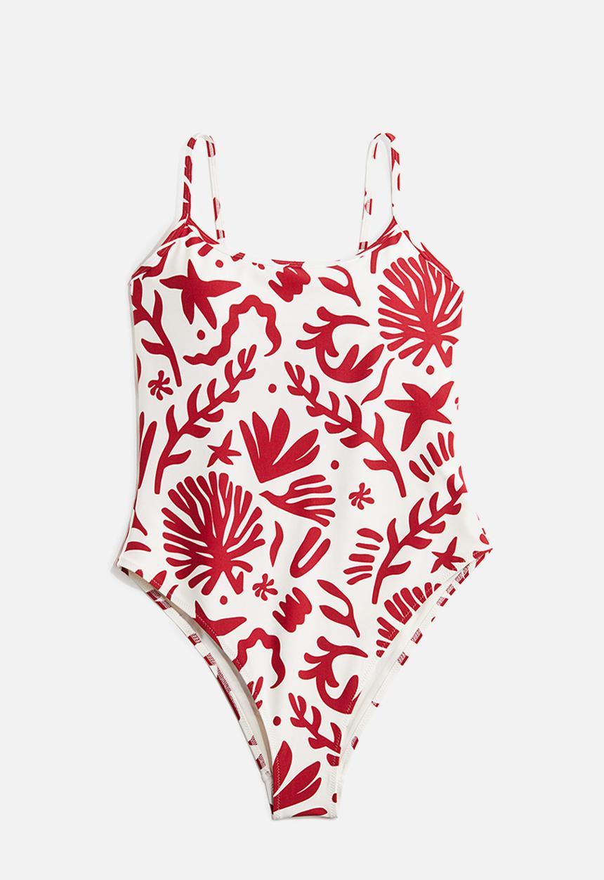 H&M - Padded-cup high leg swimsuit - white & dark red patterned
