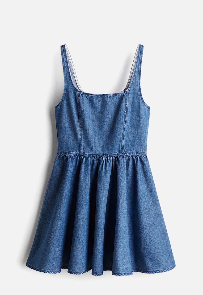 Flared-skirt denim dress - denim blue - 1283978001