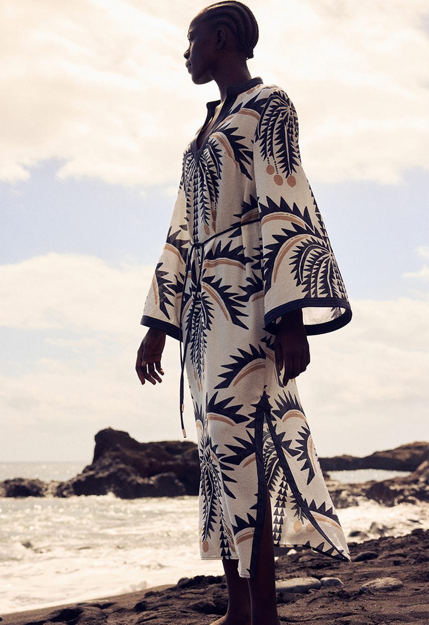 H&M - Tie-belt tunic dress - white/palm trees 