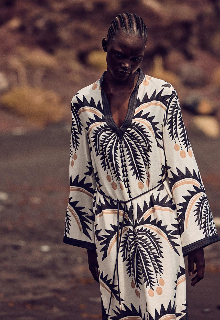 H&M - Tie-belt tunic dress - white/palm trees 