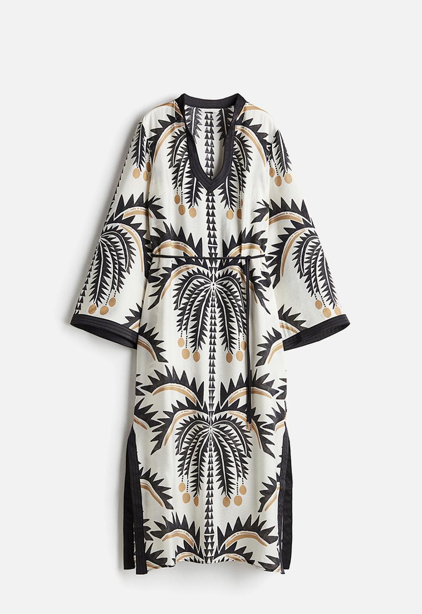 H&M - Tie-belt tunic dress - white/palm trees 