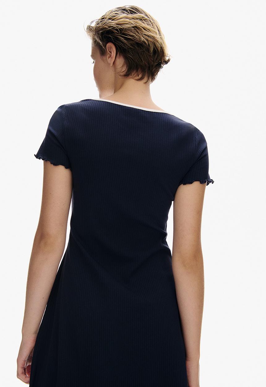 H&M - Overlock-detail flared-skirt dress - dark blue