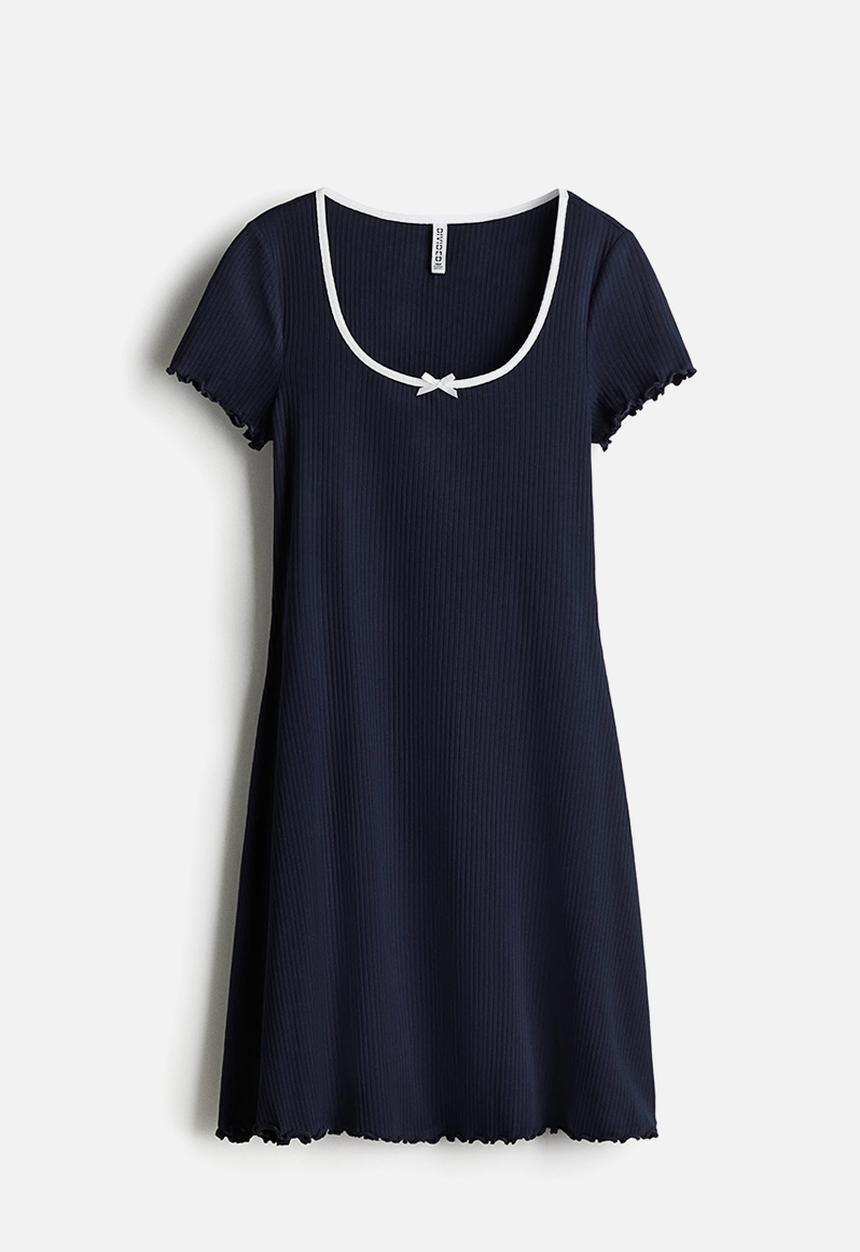 H&M - Overlock-detail flared-skirt dress - dark blue