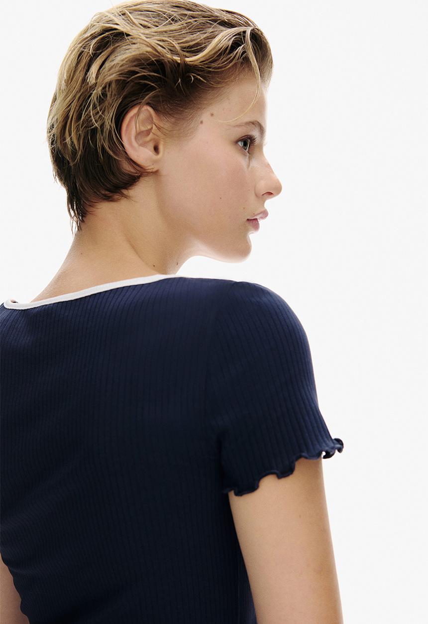 H&M - Overlock-detail flared-skirt dress - dark blue