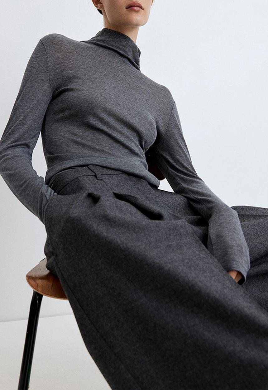 H&M - Ribbed polo-neck top - dark grey marl