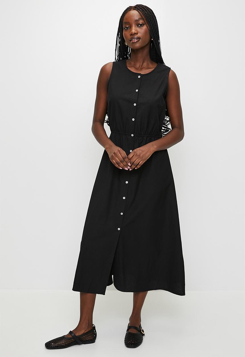 Ladies Sleeveless Button Down Midi Dress - Black 2