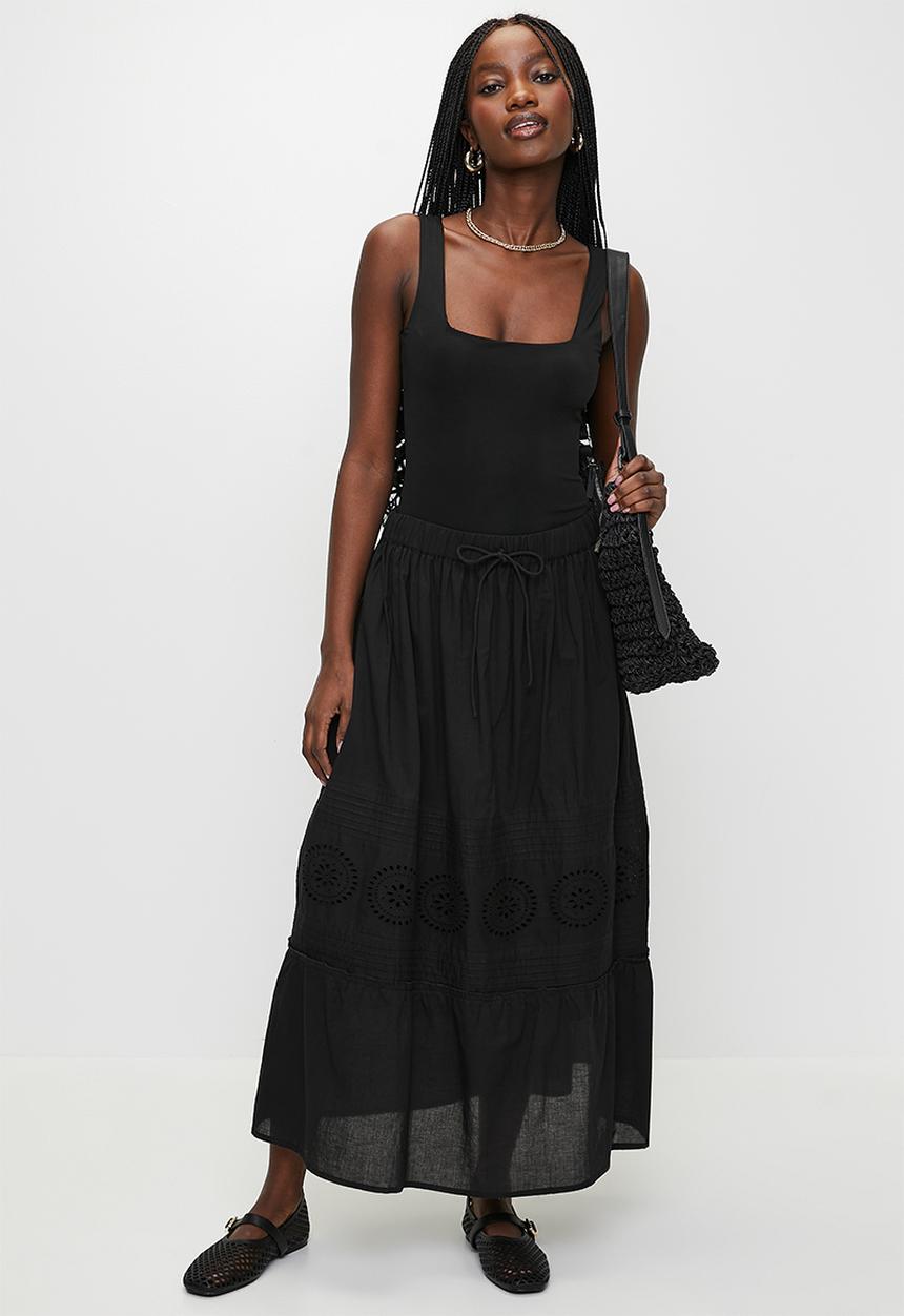 Brave Soul - Ladies Tiered Maxi Skirt With Embroidery Detail - Black