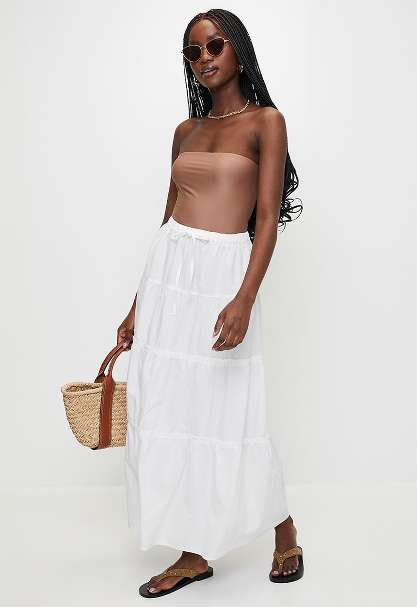 Brave Soul - Ladies Maxi Tiered Poplin Skirt - White