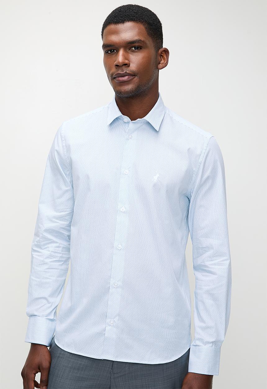 POLO - Ernie  ls micro dobby check shirt  - white & blue