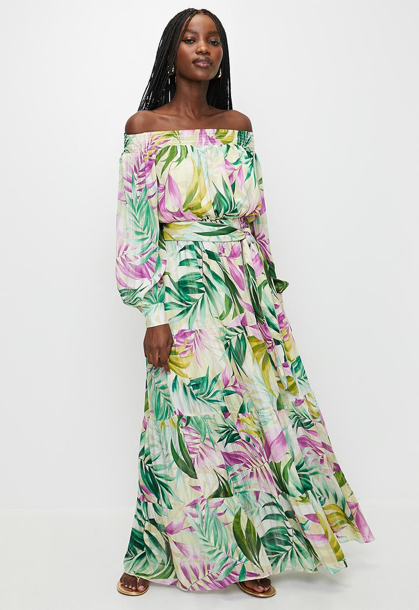 GUESS - Josee Off Shoulder Long Dress - Tropical Escape Print