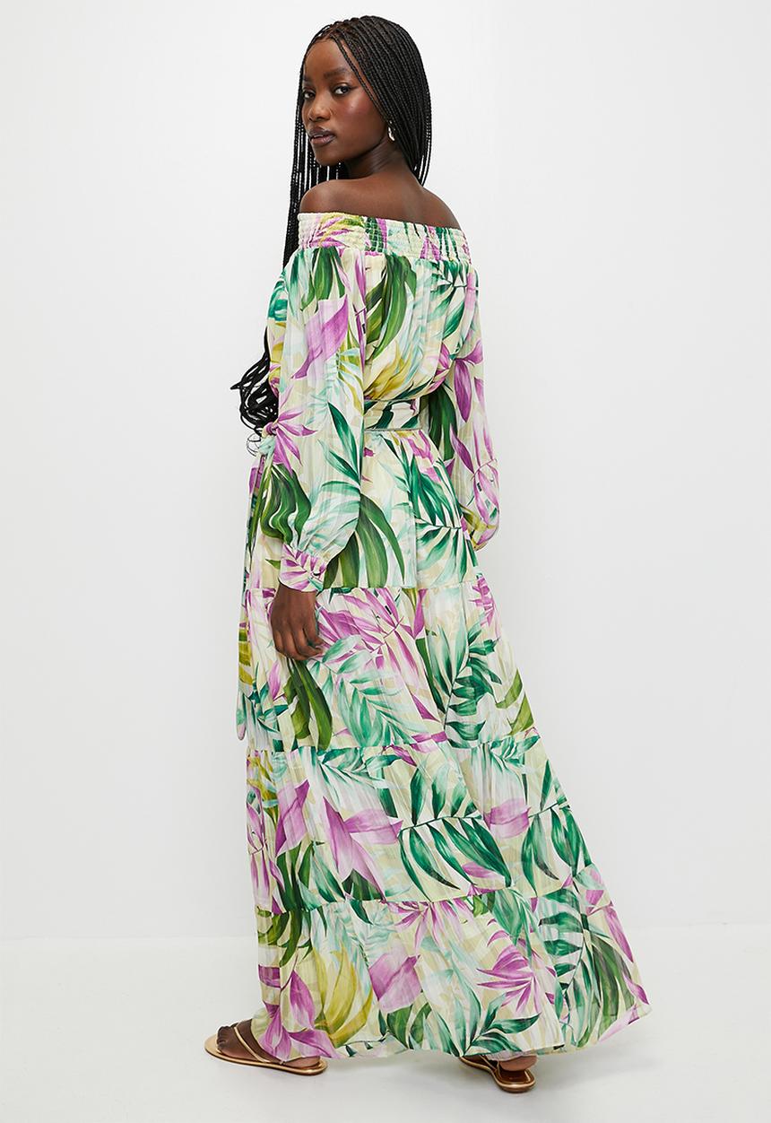 GUESS - Josee Off Shoulder Long Dress - Tropical Escape Print