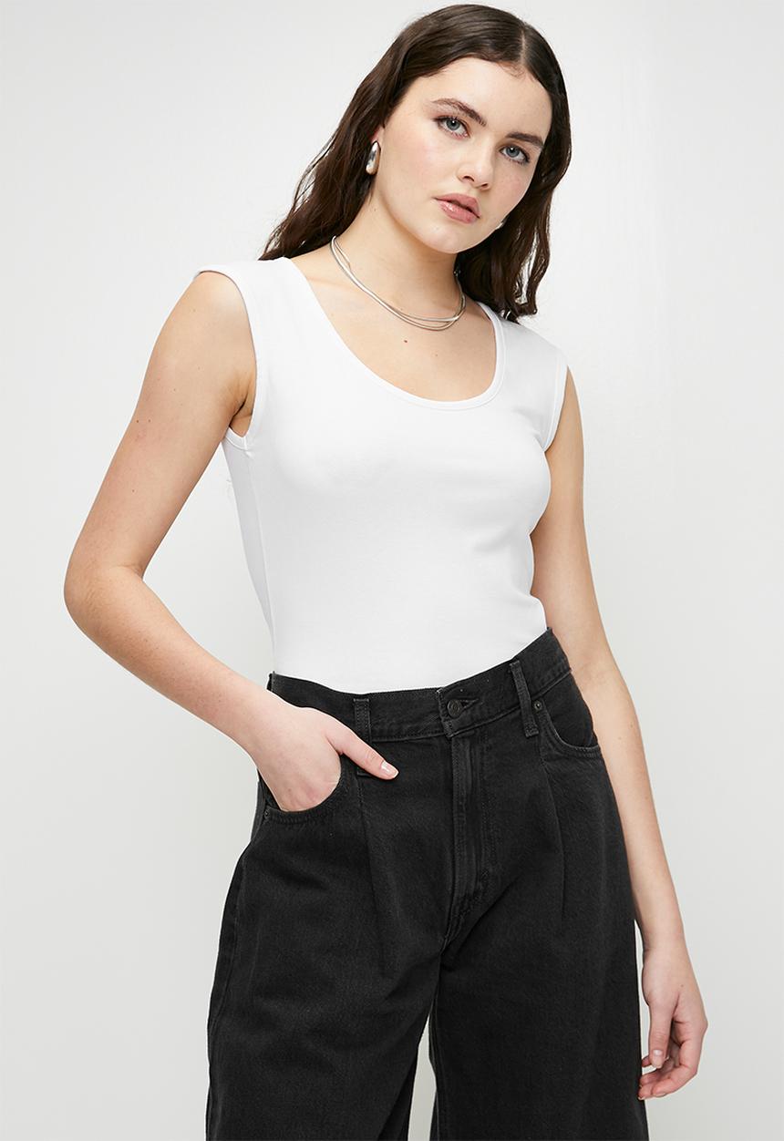 Brave Soul - Ladies Scoop Neck Thick Strapped Bodysuit - White